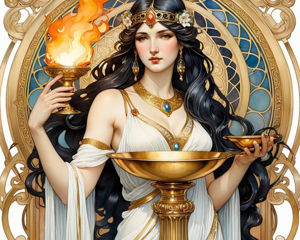 Adorned Woman with Flame and Decorative Bowl