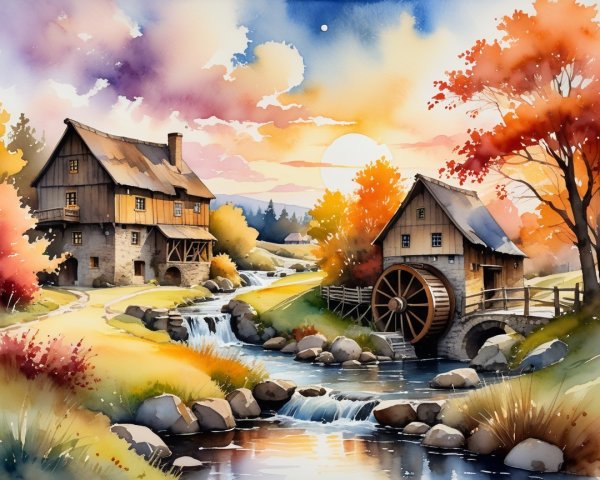 Serene Landscape with Rustic Water Mills and Autumn Trees