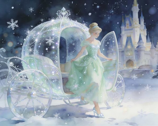 Watercolor depiction of Cinderella in winter landscape