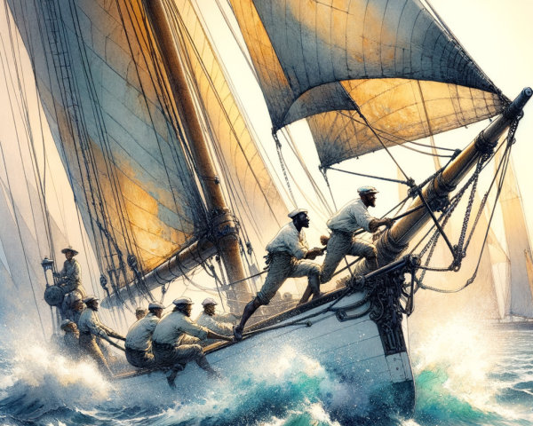 Sailors Navigating a Classic Sailboat in Choppy Waters