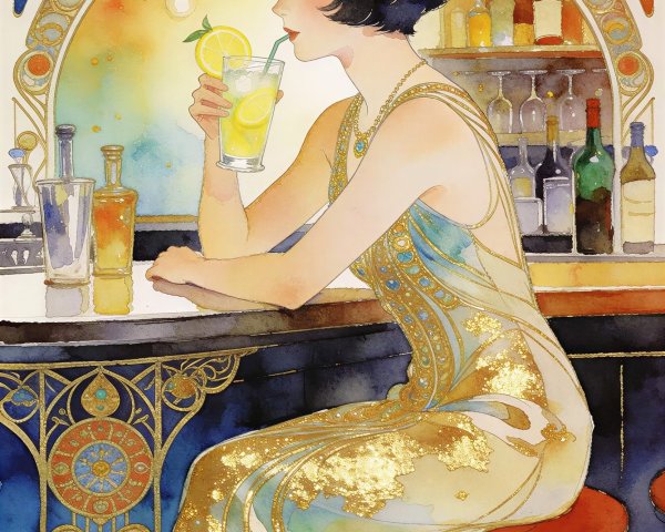 Art Nouveau Watercolor of Woman at Bar with Lemonade