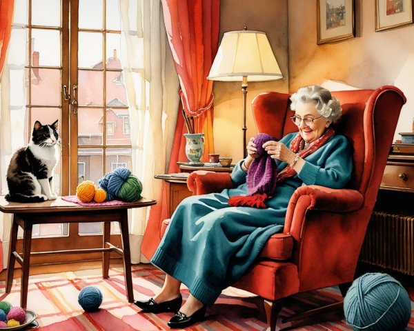 Elderly Woman Knitting in a Cozy Sunlit Room