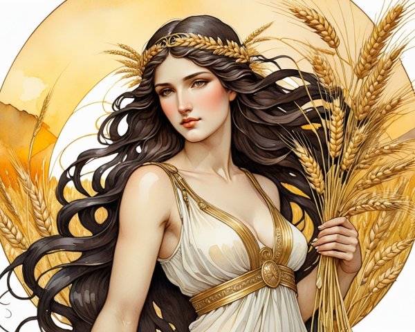 Serene woman with wheat in flowing gown and golden accents