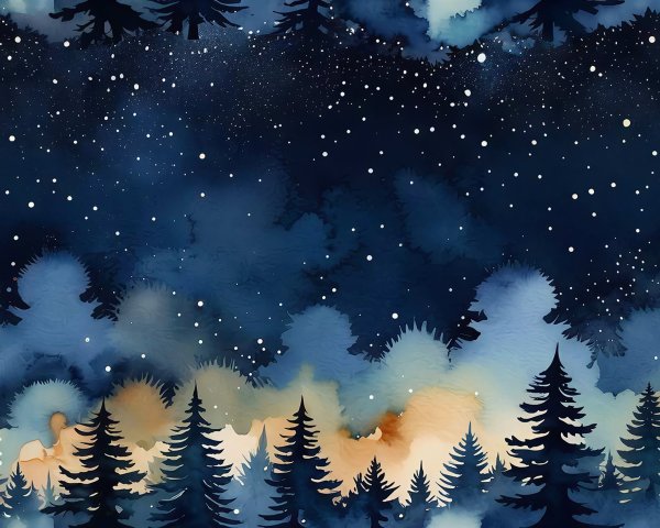 Watercolor Forest Scene with Starry Night Sky