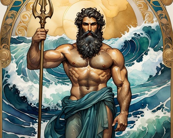 Majestic Sea God Figure with Trident and Waves