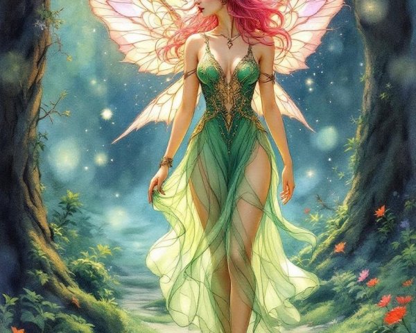 Fairy with Pink Hair in Enchanting Forest Setting