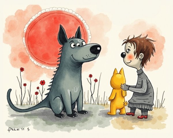 Whimsical Illustration of Child and Dog in Garden