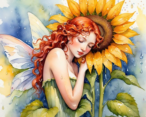 Serene fairy with red hair and translucent wings