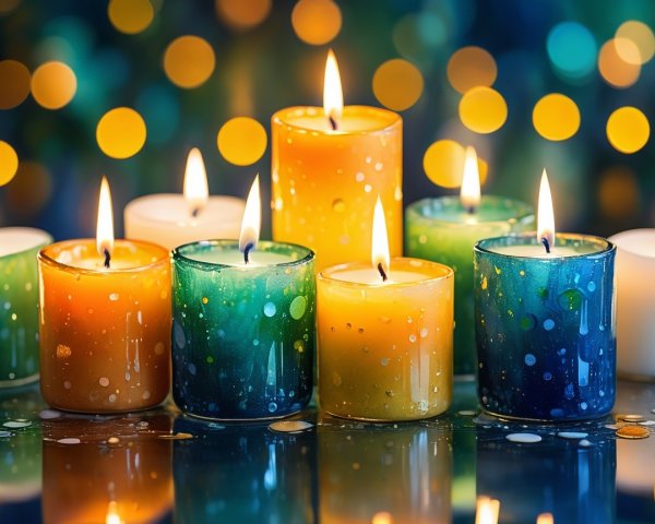 Vibrant Candles with Speckled Patterns and Bokeh Lights