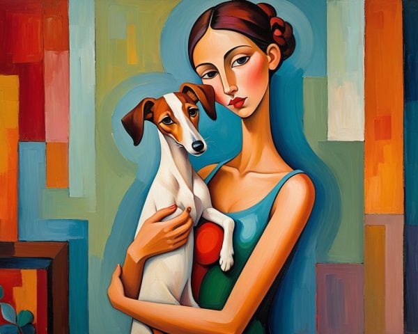 Colorful Abstract Painting of Woman with Dog