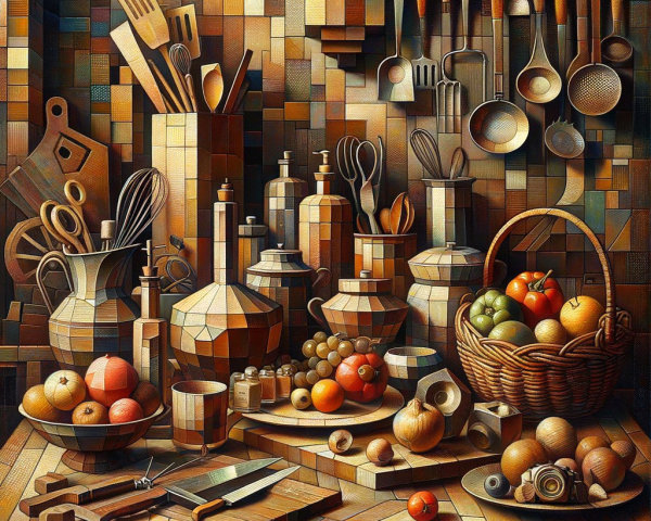 Cubist Kitchen Scene with Abstract Utensils and Fruits