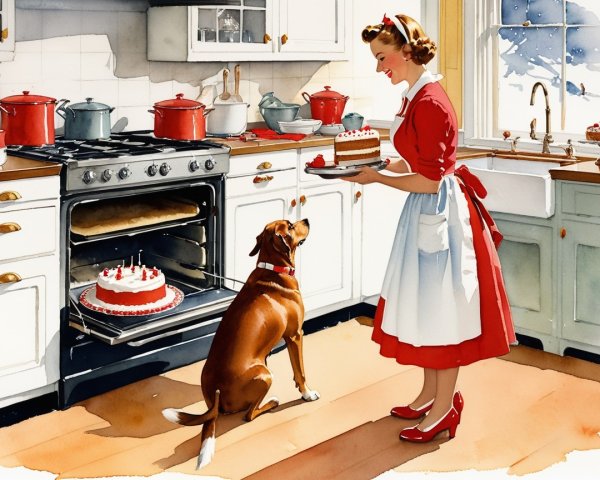 Cheerful Woman Baking Cakes in Vintage Kitchen