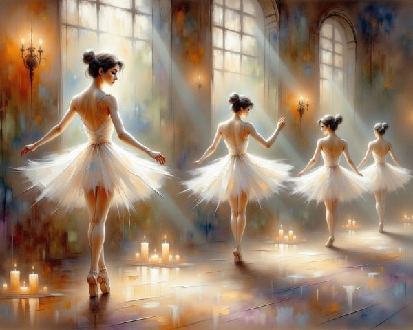 Ballet Dancers in Sunlit Studio with Candles