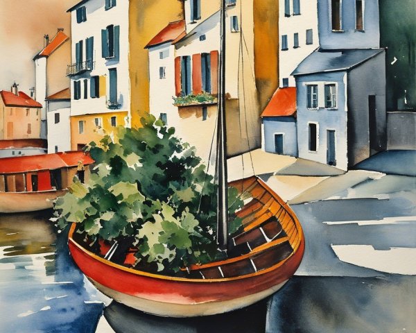 Vibrant Watercolor Harbor Scene with Colorful Houses