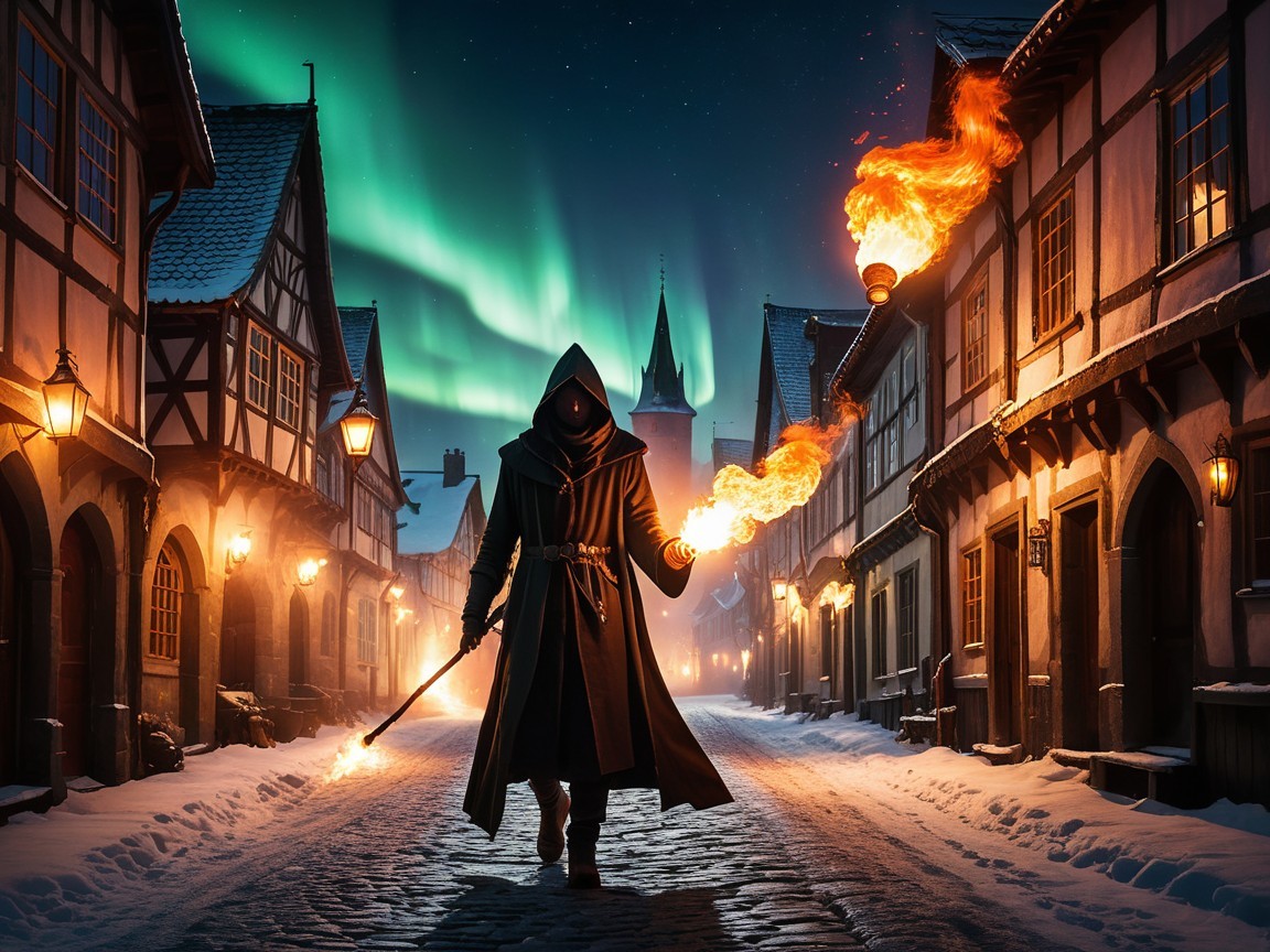 Mysterious Cloaked Figure in Snowy Street with Lanterns