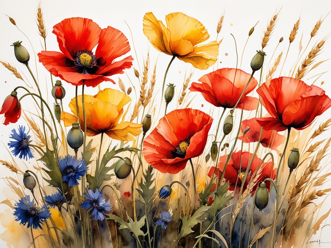 Vibrant Watercolor Bouquet of Poppies and Cornflowers