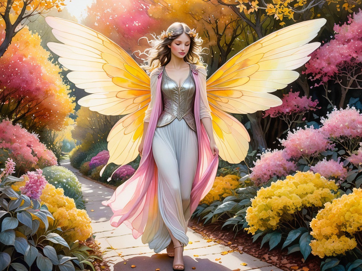 Fairy in Enchanted Garden with Yellow Wings
