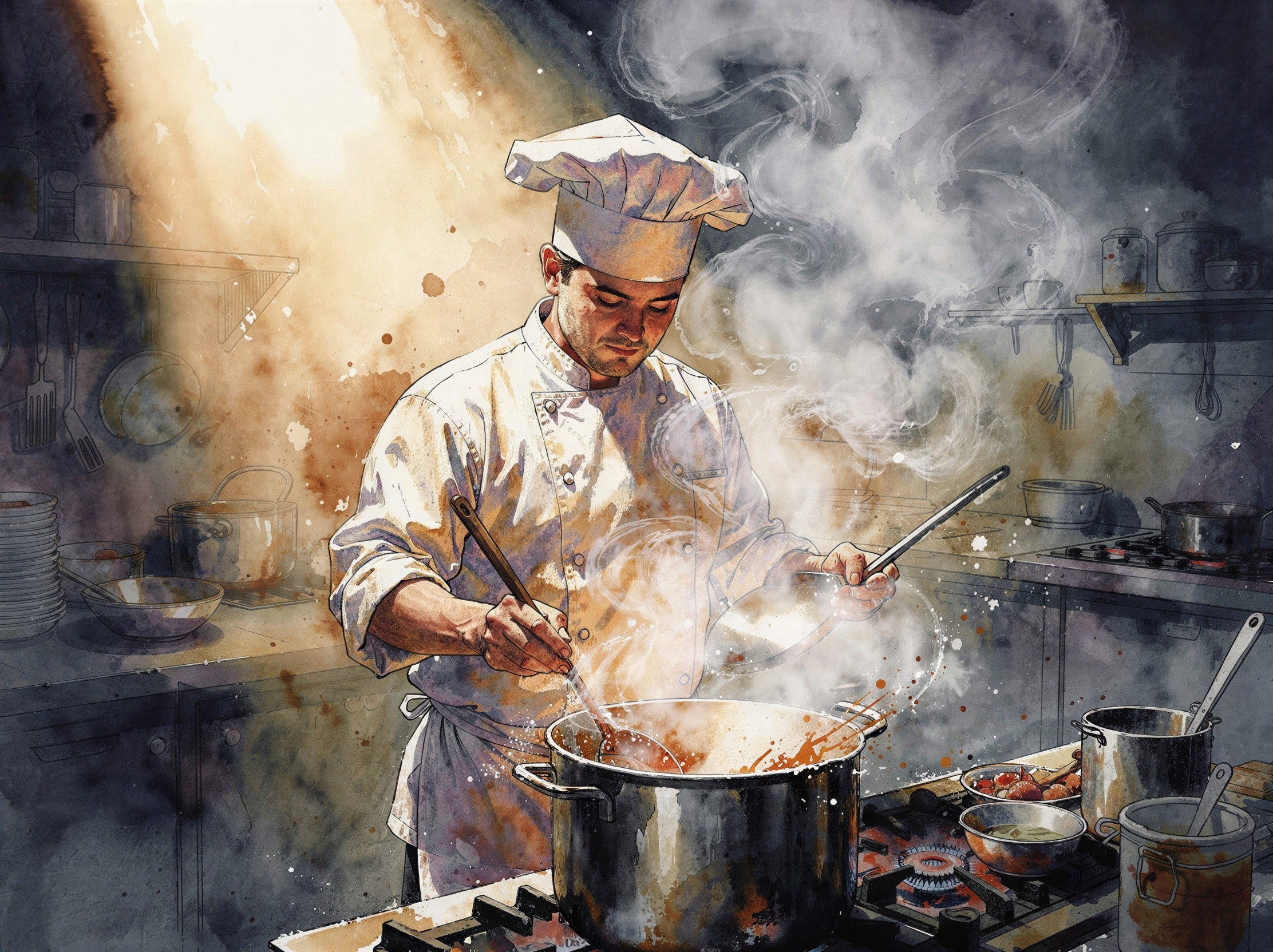 Watercolor Painting of Chef Stirring a Pot in Kitchen
