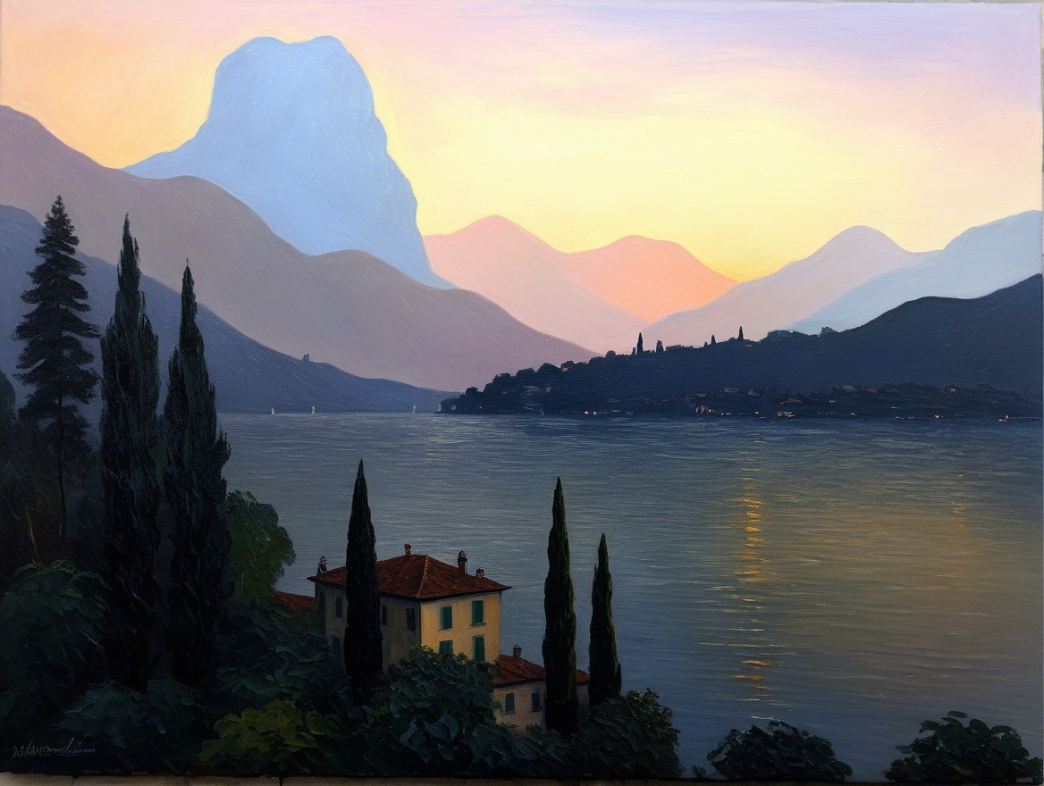 Tranquil Lake Landscape with Majestic Mountains and Sunset