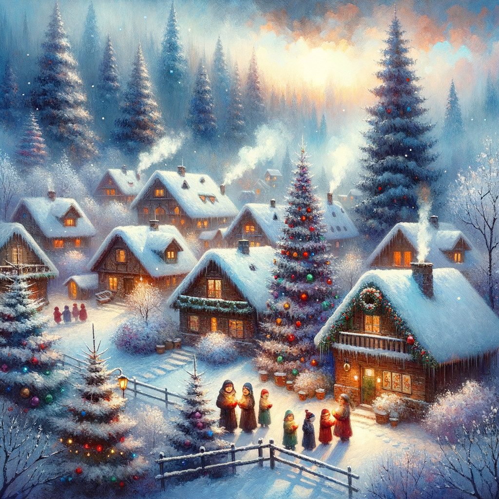 Winter Village Scene with Snow and Christmas Cheer