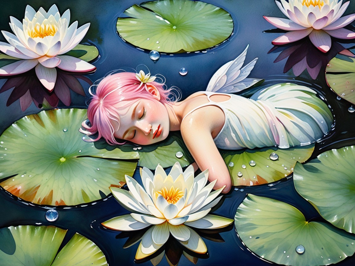 Young girl asleep on lily pad with angelic wings