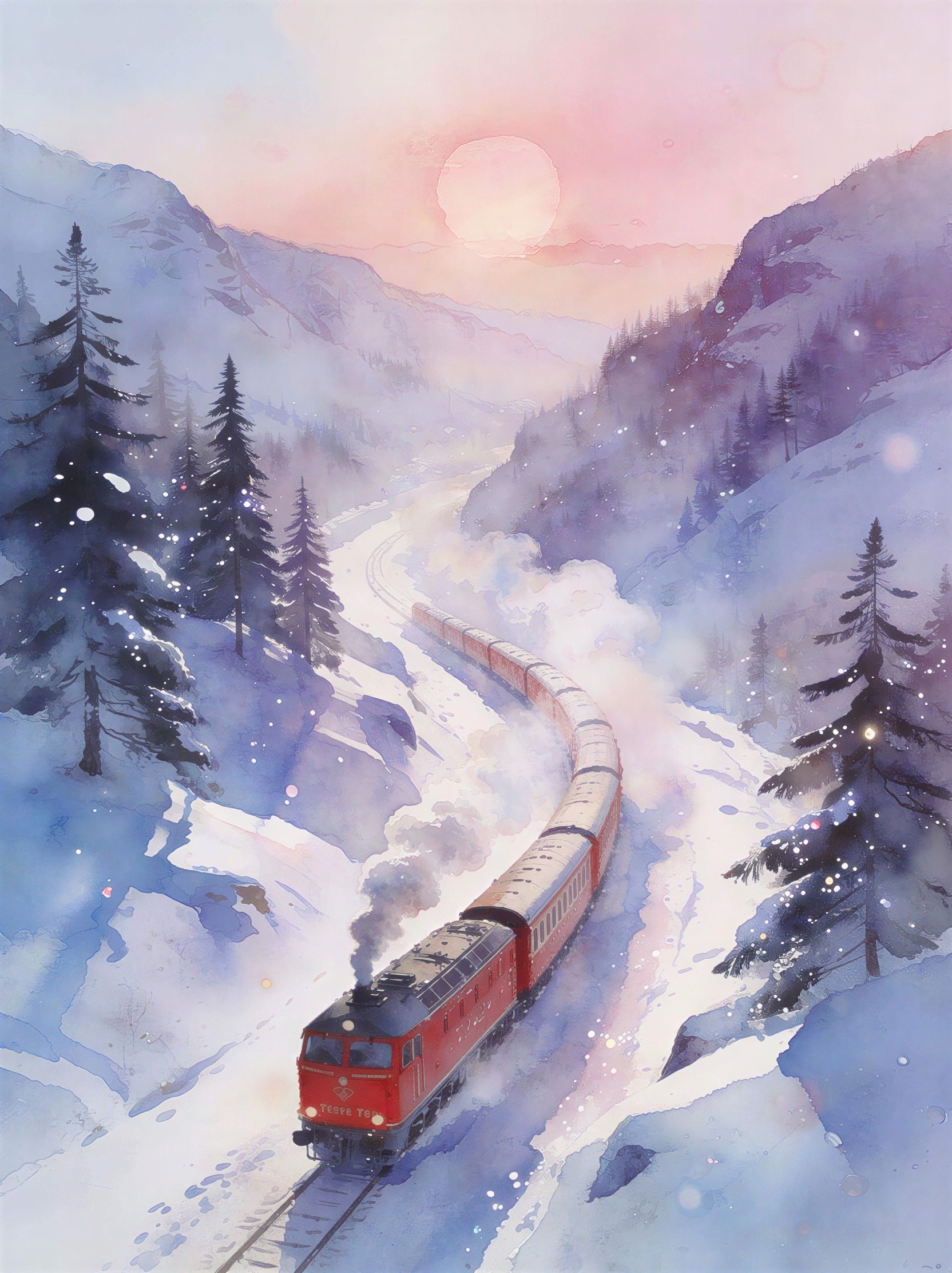 Vibrant Red Steam Train in Snowy Mountain Landscape
