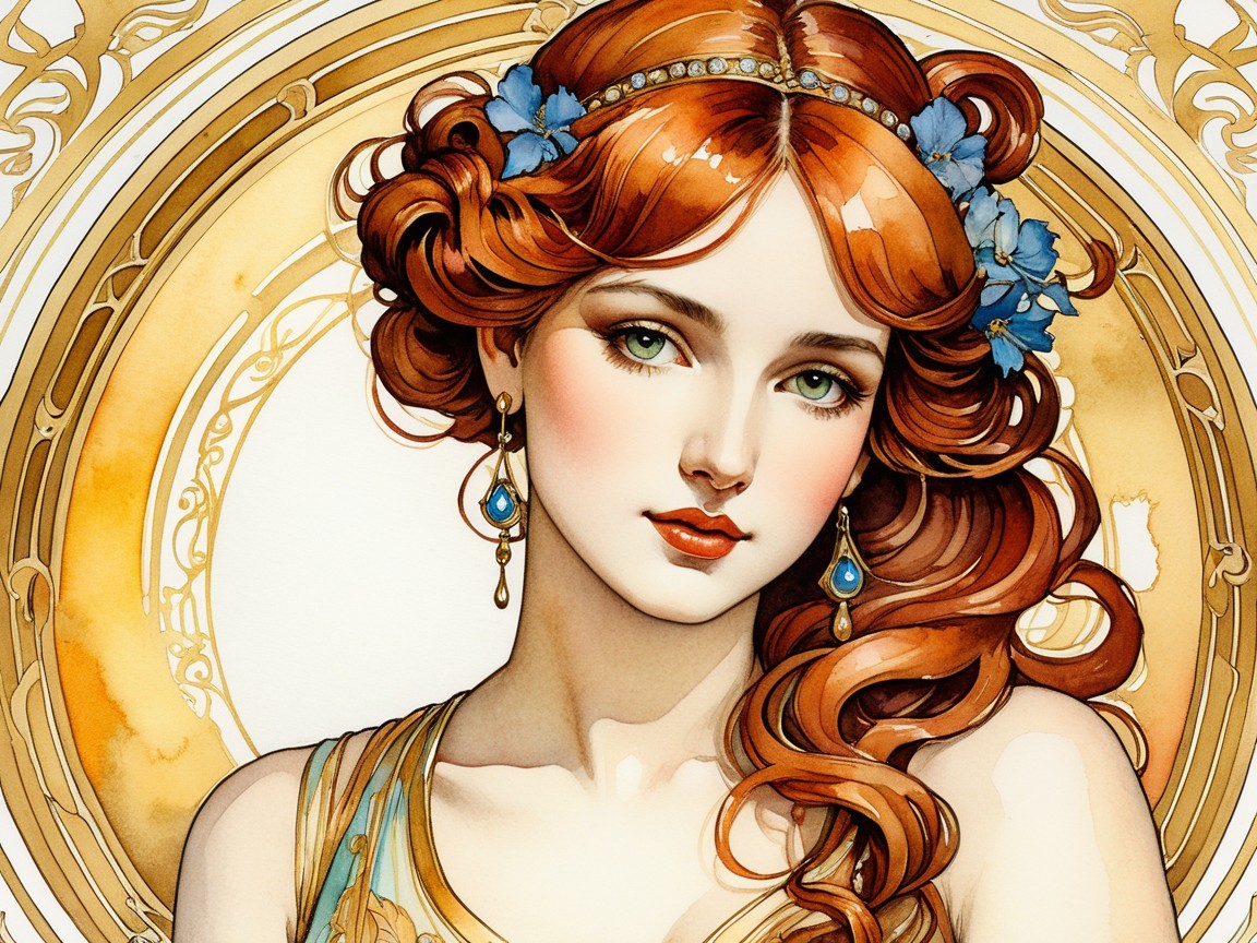 Illustration of a Young Woman with Red Hair and Flowers