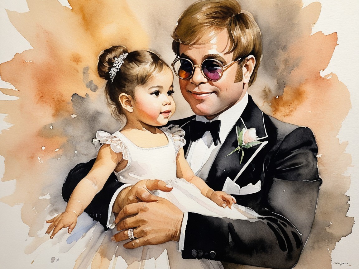 Watercolor Illustration of Man and Girl in Elegant Attire