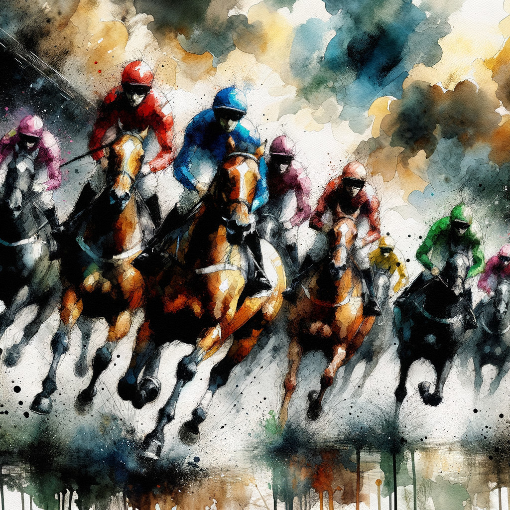 Vibrant Watercolor of a Thrilling Horse Race Scene