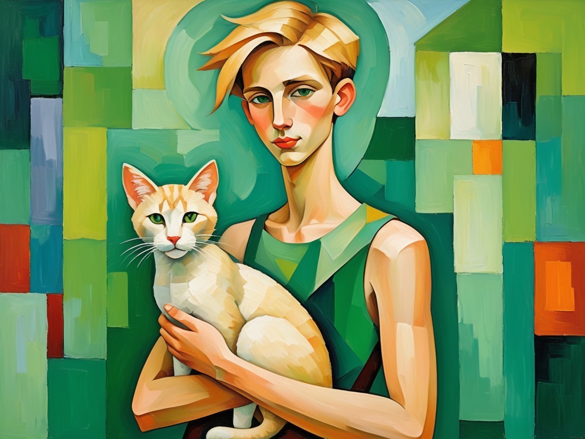 Stylized portrait of a person with a cat in vibrant colors