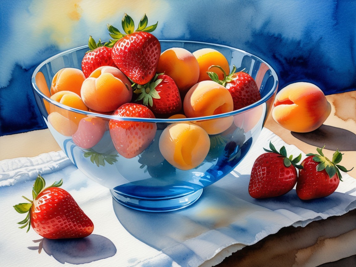 Vibrant Still Life of Blue Bowl with Strawberries and Apricots