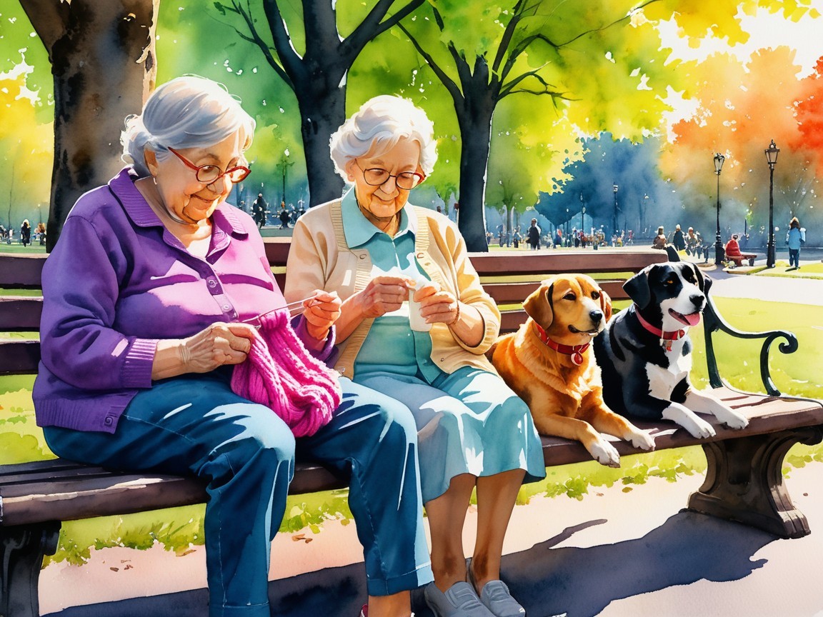 Elderly Women Knitting on a Park Bench with Dogs