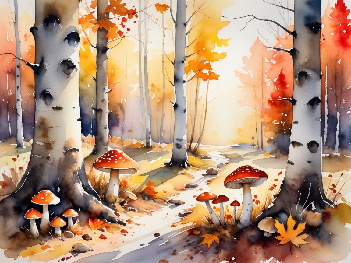 Autumn Forest Scene with Sunlit Birch Trees and Mushrooms