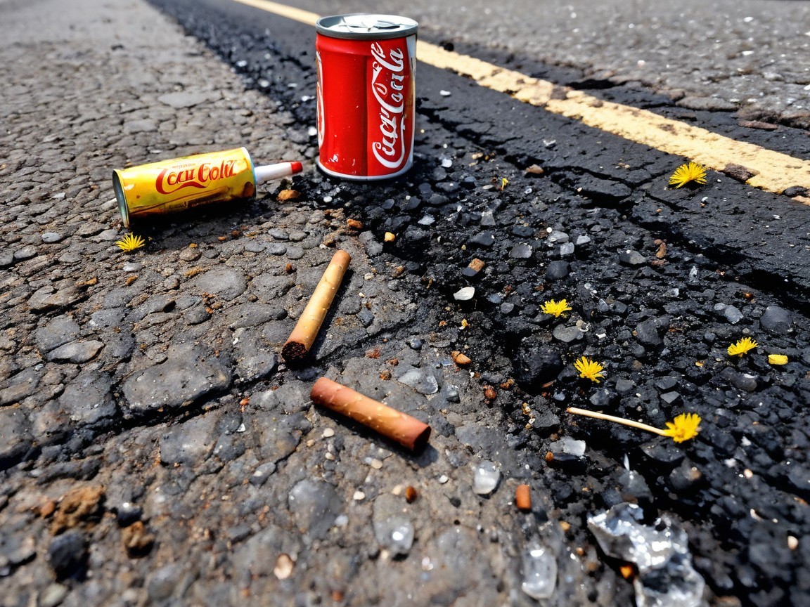 Cracked Asphalt Road with Urban Debris and Flowers