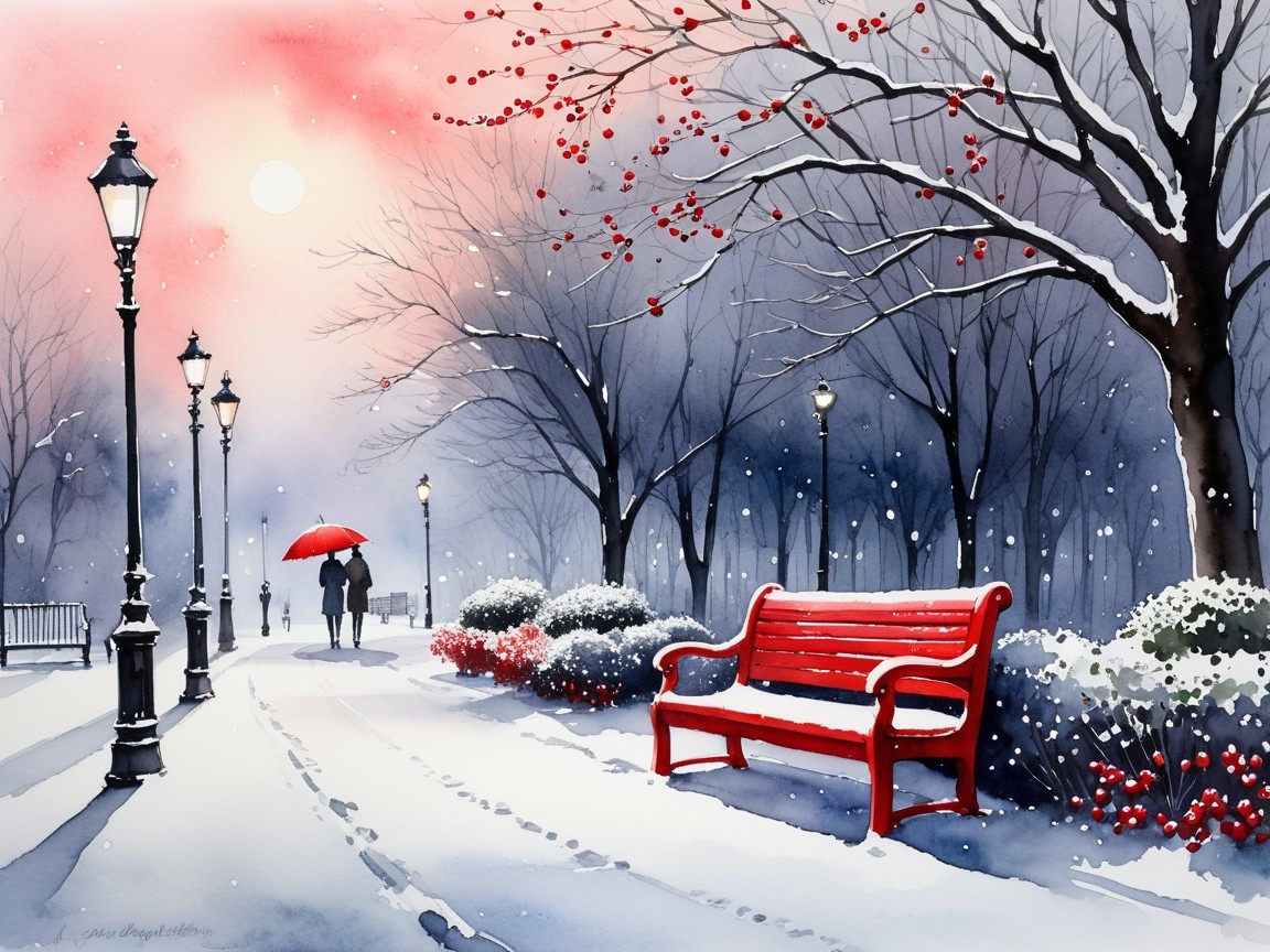 Snowy Park Path with Lampposts and Red Bench