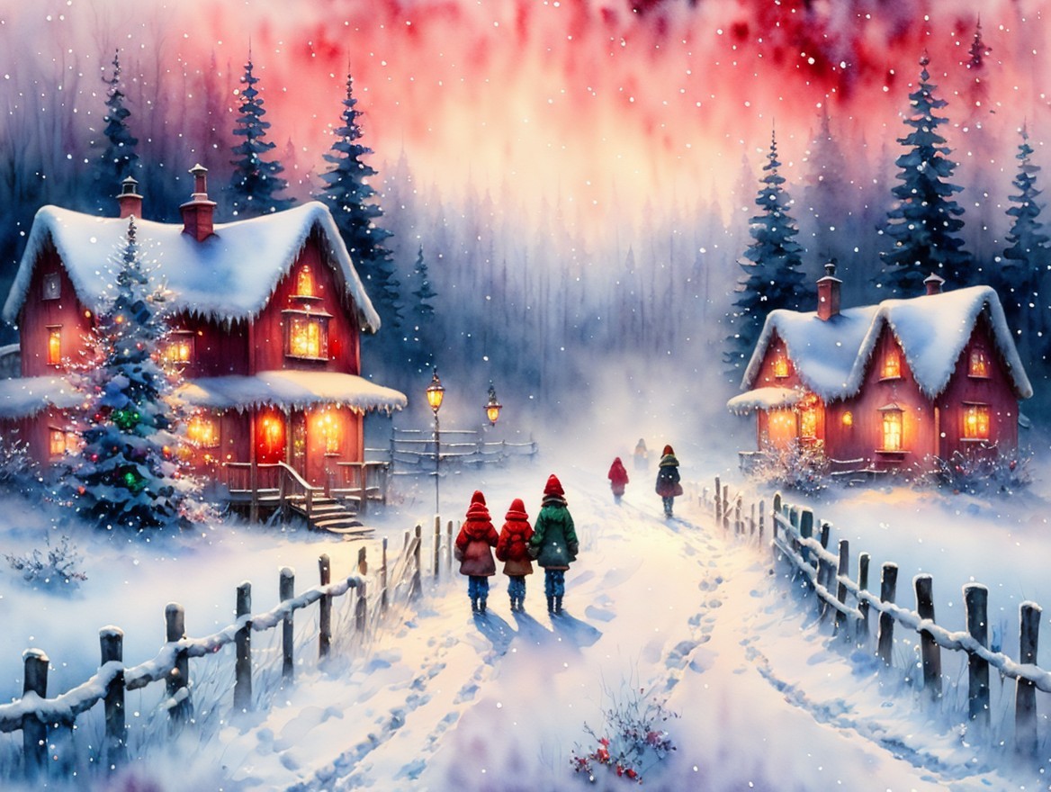 Children in winter attire walk in a snowy landscape