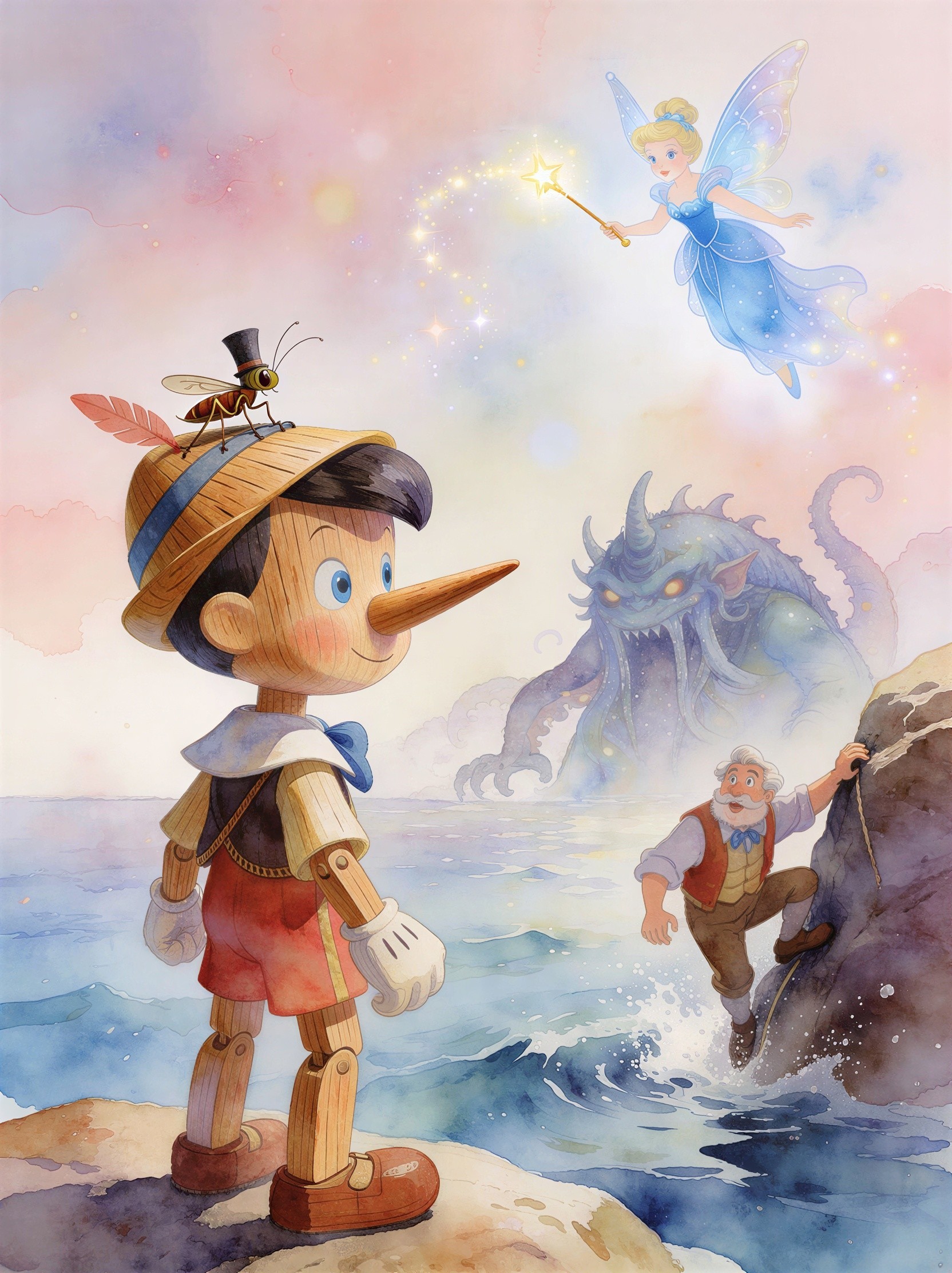 Pinocchio on Shore with Sea Monster and Fairy Presence