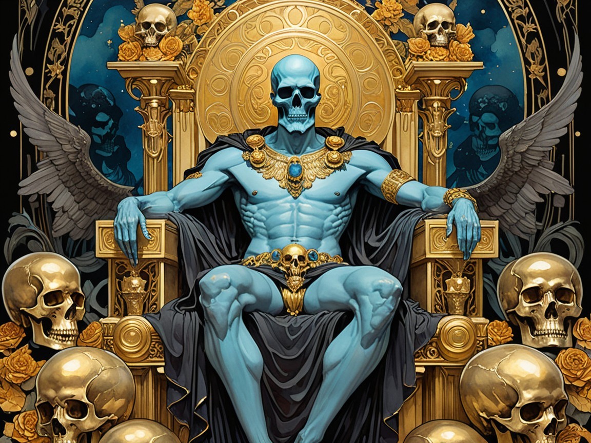 Muscular Blue-Skinned Skeleton on Ornate Throne