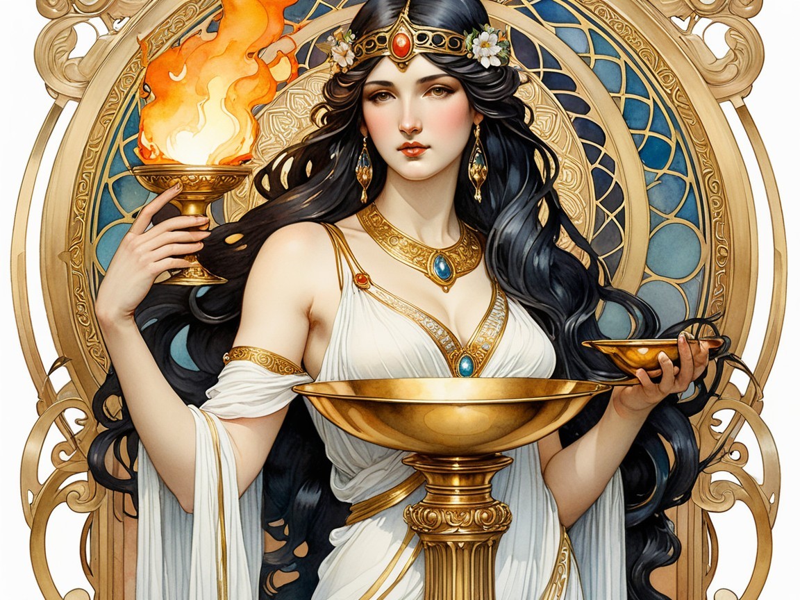 Adorned Woman with Flame and Decorative Bowl