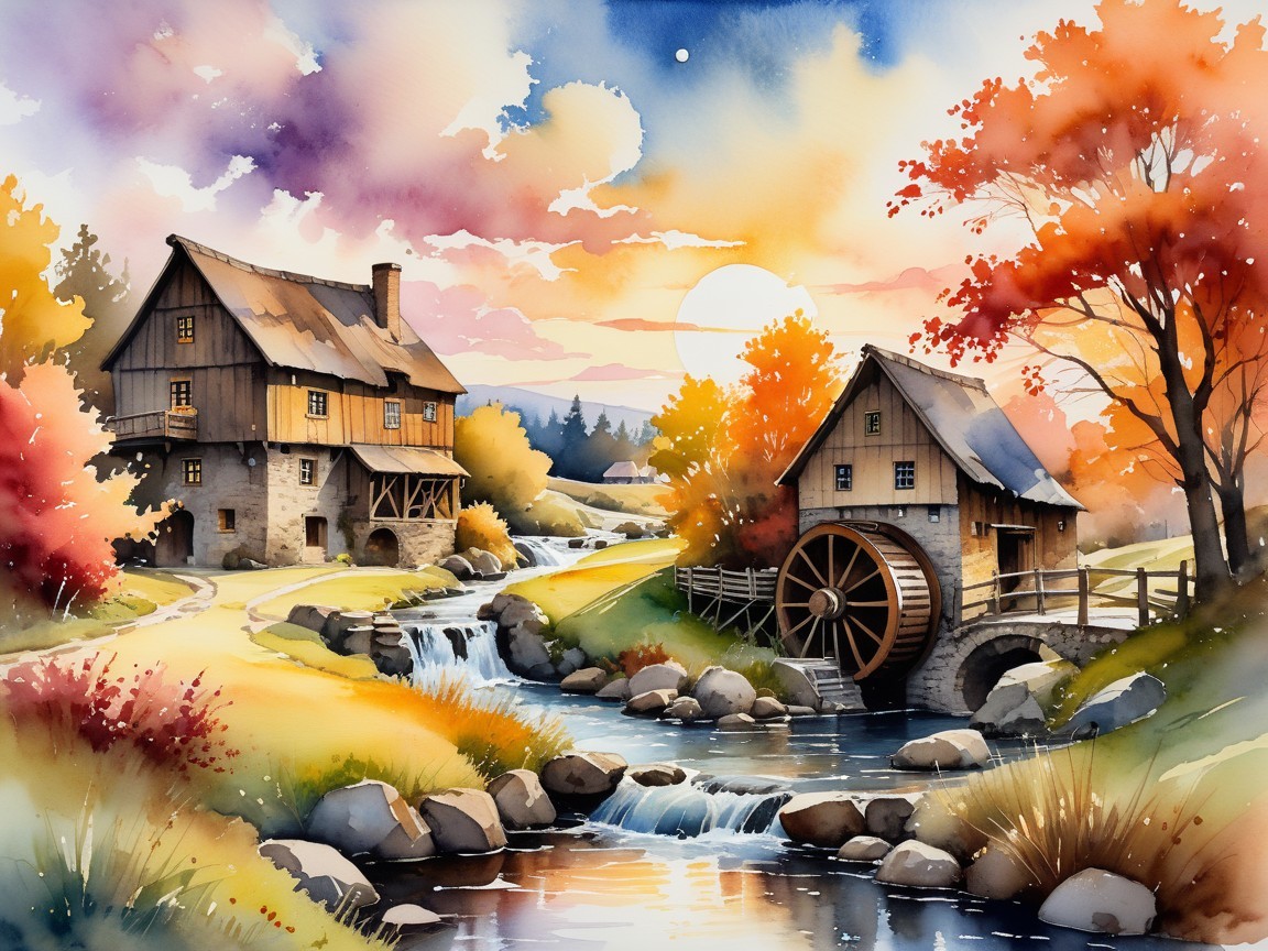 Serene Landscape with Rustic Water Mills and Autumn Trees