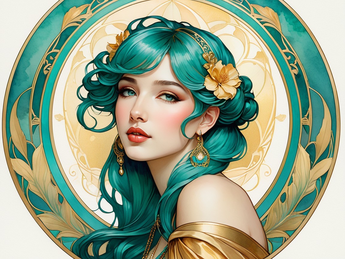 Teal-haired woman in elegant curls with gold accents