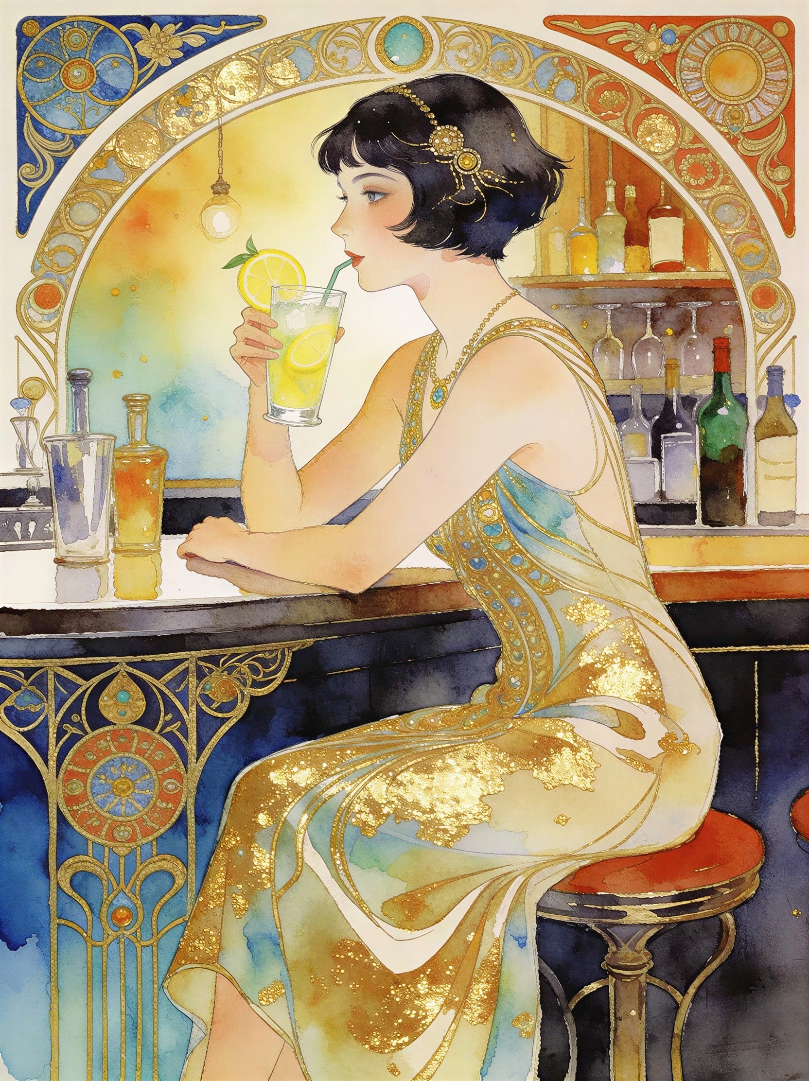 Art Nouveau Watercolor of Woman at Bar with Lemonade