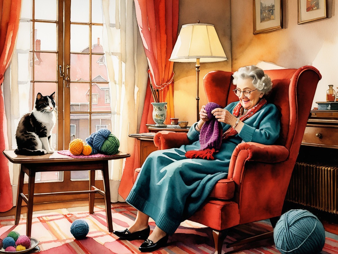 Elderly Woman Knitting in a Cozy Sunlit Room