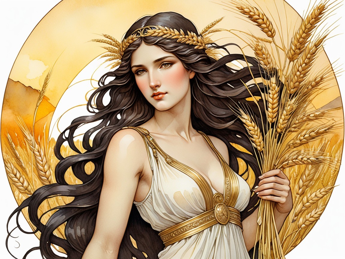 Serene woman with wheat in flowing gown and golden accents