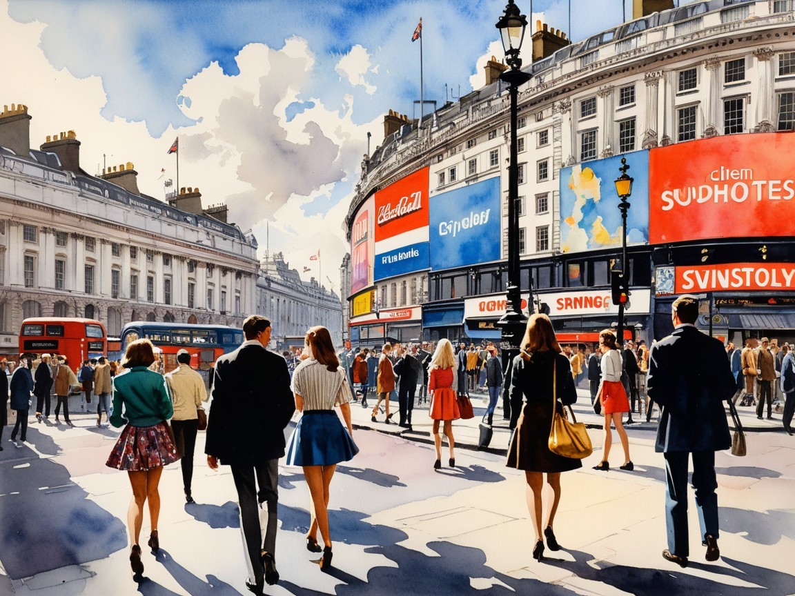 Vibrant City Square with Pedestrians and Buses