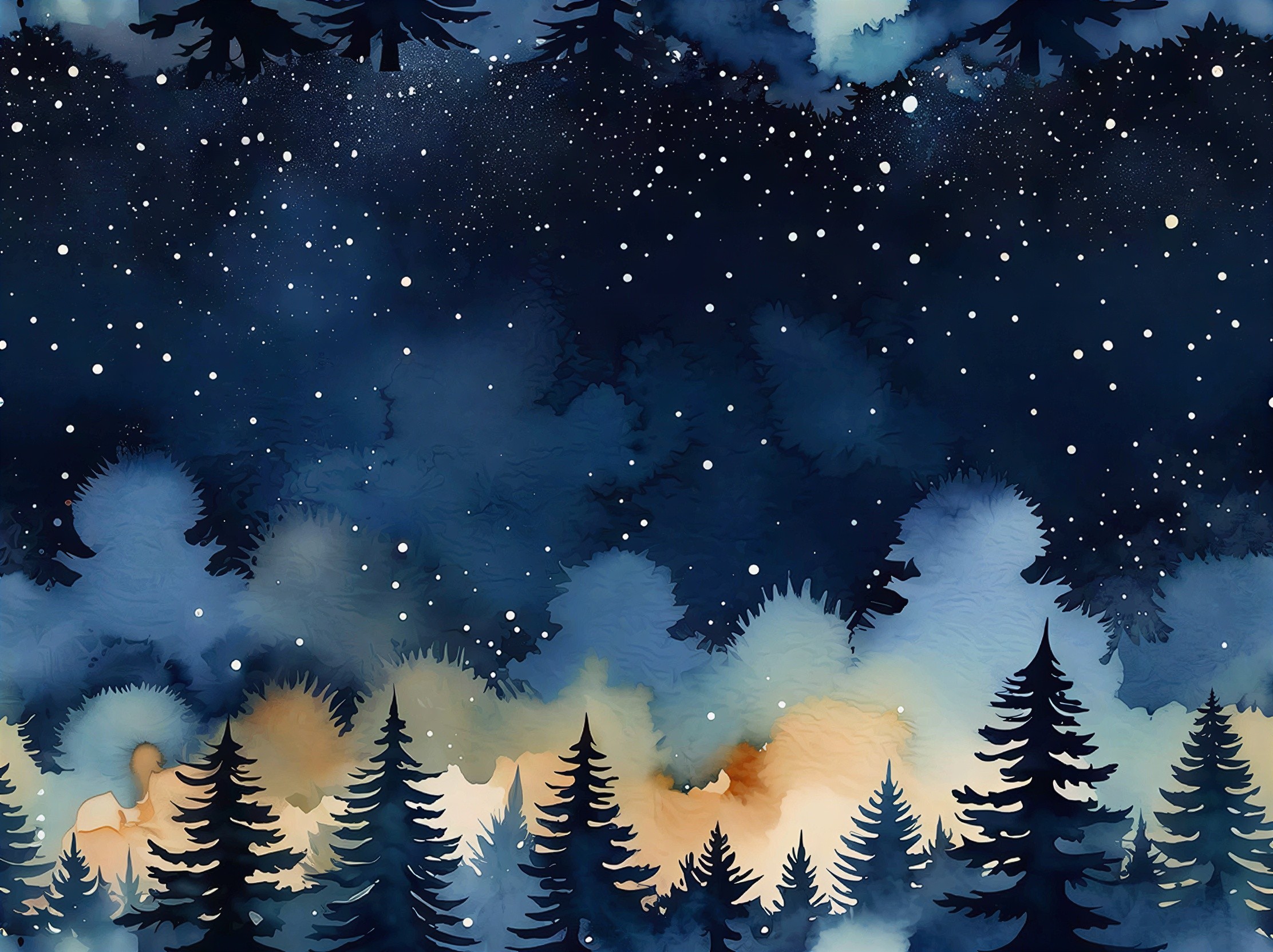 Watercolor Forest Scene with Starry Night Sky