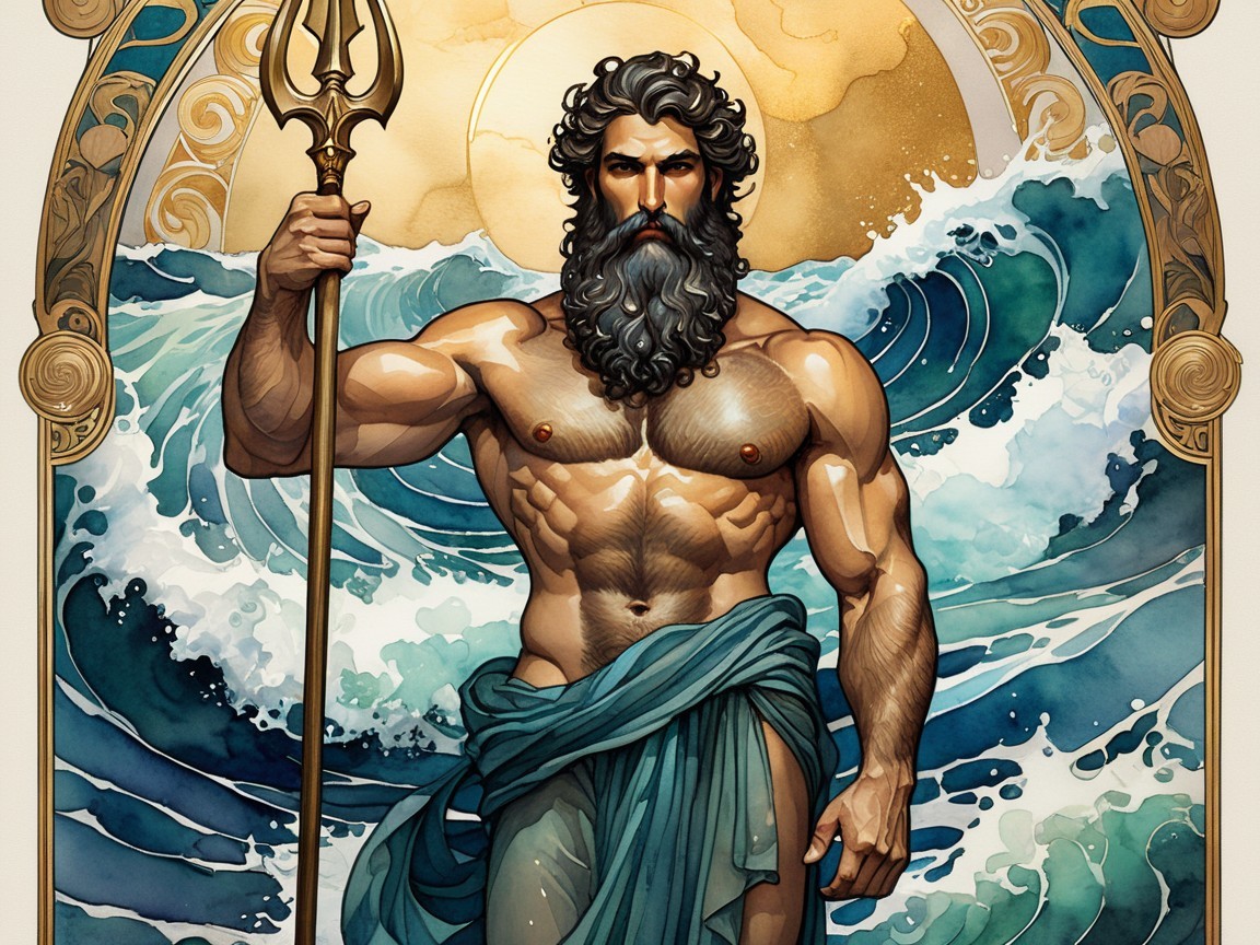 Majestic Sea God Figure with Trident and Waves
