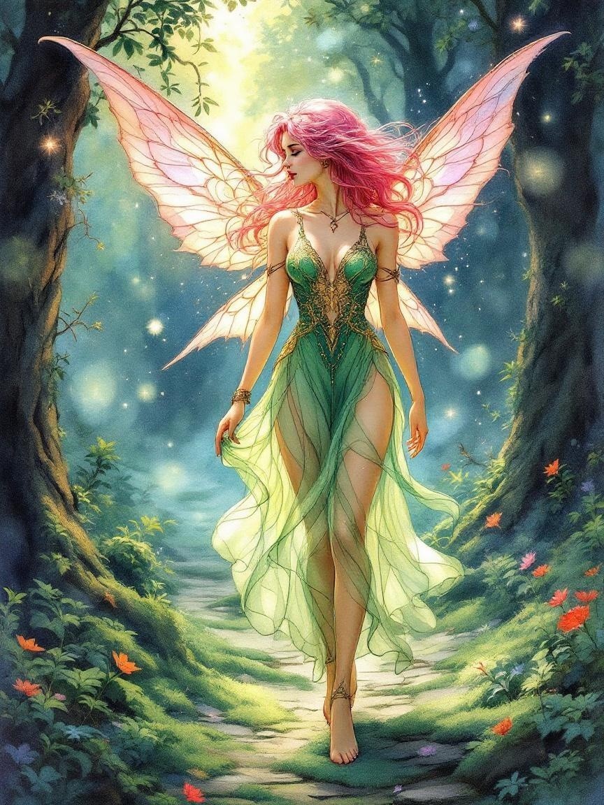 Fairy with Pink Hair in Enchanting Forest Setting