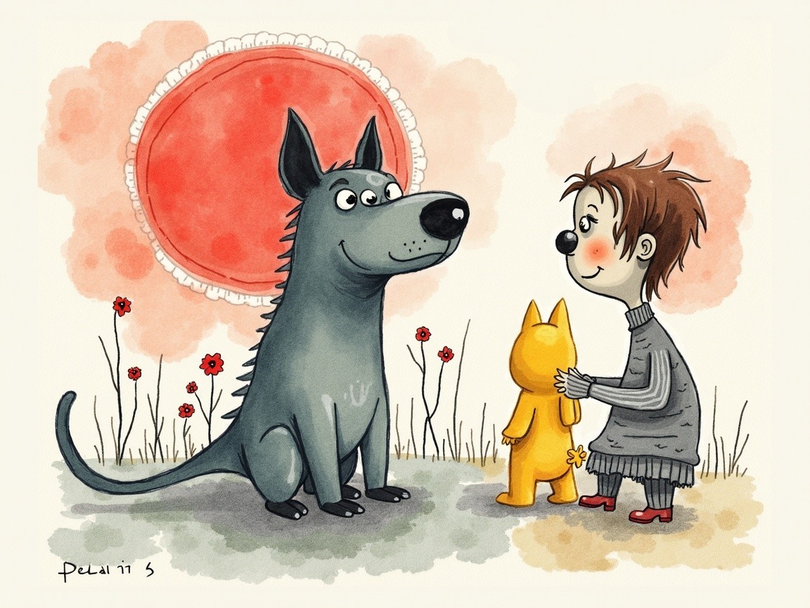 Whimsical Illustration of Child and Dog in Garden