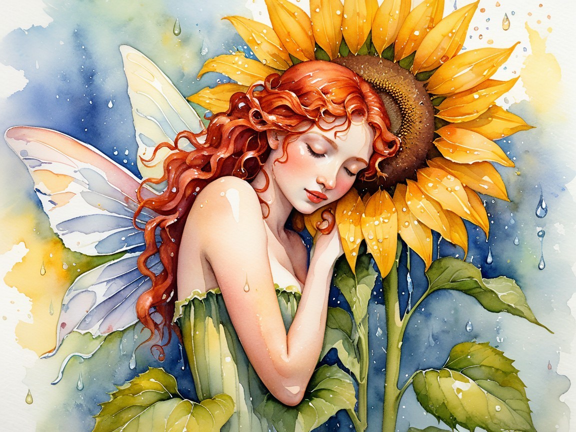 Serene fairy with red hair and translucent wings